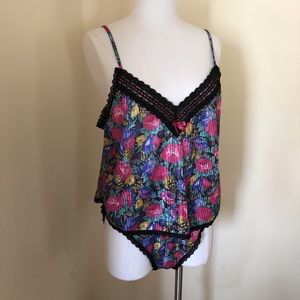 Vintage bright floral two piece satin cami shorts